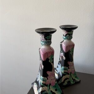 Hand-Painted for Neiman Marcus Black Floral Ceramic Candle Holders - Pair